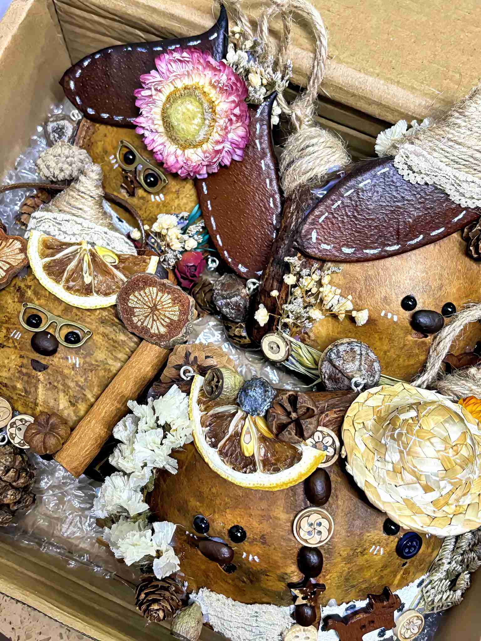 Four handcrafted Entada pod ornaments featuring unique faces, dried citrus slices, natural flowers, and rustic accessories.
